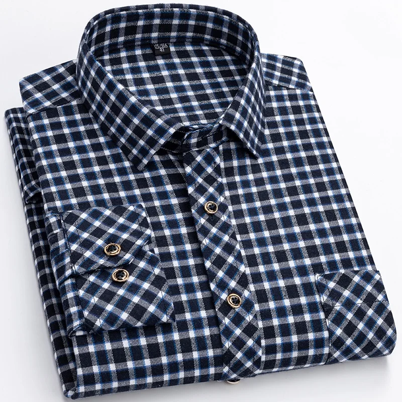 M-6XL Men's Pure Cotton Flannel Shirts Long Sleeve Single Pocket Casual Plaid Thick Soft Cozy Brushed Shirts Blouse Men Clothing