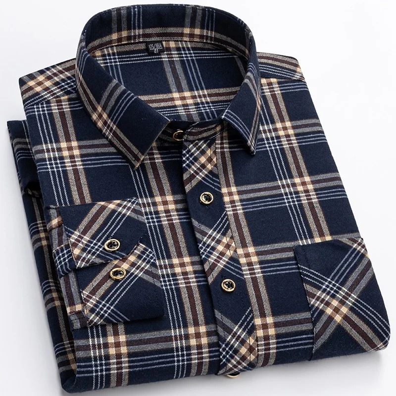 M-6XL Men's Pure Cotton Flannel Shirts Long Sleeve Single Pocket Casual Plaid Thick Soft Cozy Brushed Shirts Blouse Men Clothing