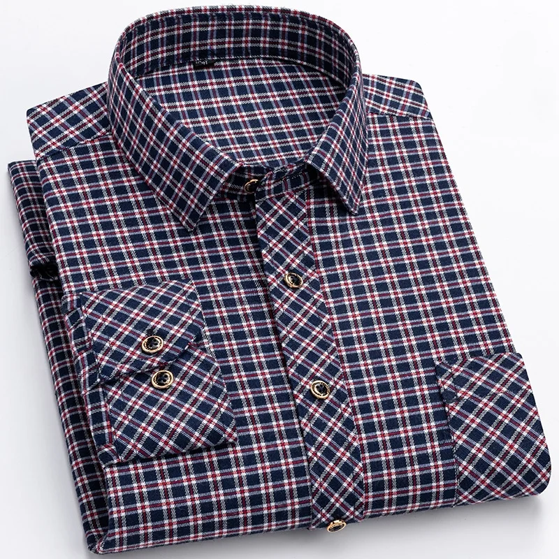 M-6XL Men's Pure Cotton Flannel Shirts Long Sleeve Single Pocket Casual Plaid Thick Soft Cozy Brushed Shirts Blouse Men Clothing