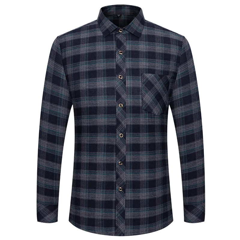 M-6XL Men's Pure Cotton Flannel Shirts Long Sleeve Single Pocket Casual Plaid Thick Soft Cozy Brushed Shirts Blouse Men Clothing