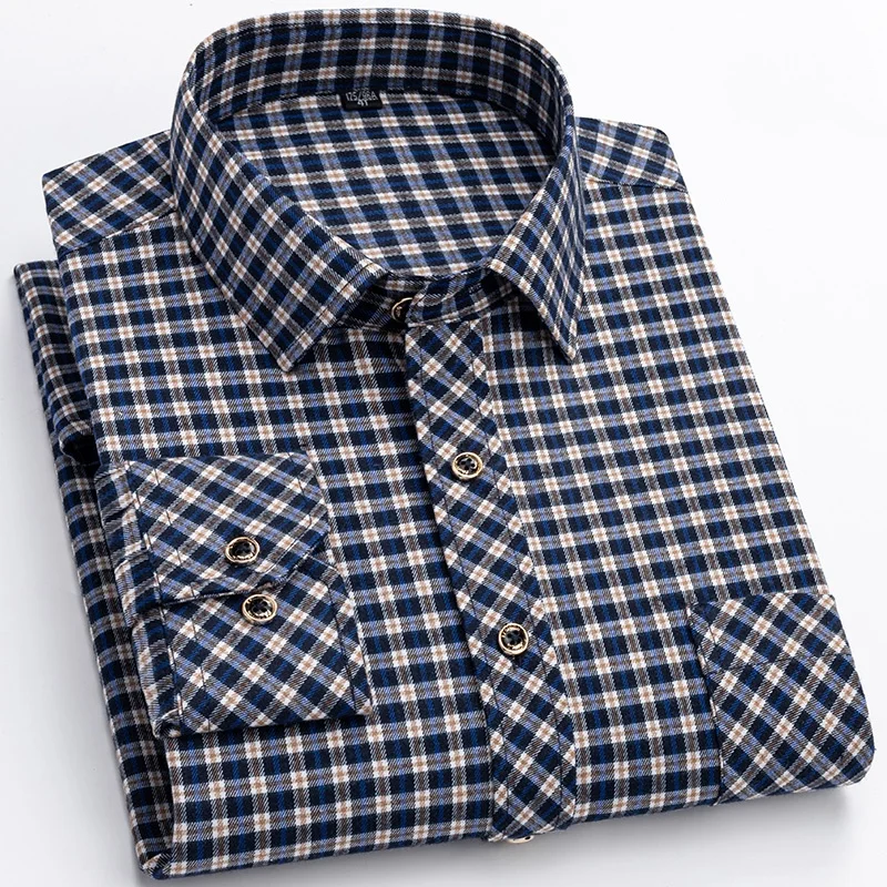 M-6XL Men's Pure Cotton Flannel Shirts Long Sleeve Single Pocket Casual Plaid Thick Soft Cozy Brushed Shirts Blouse Men Clothing