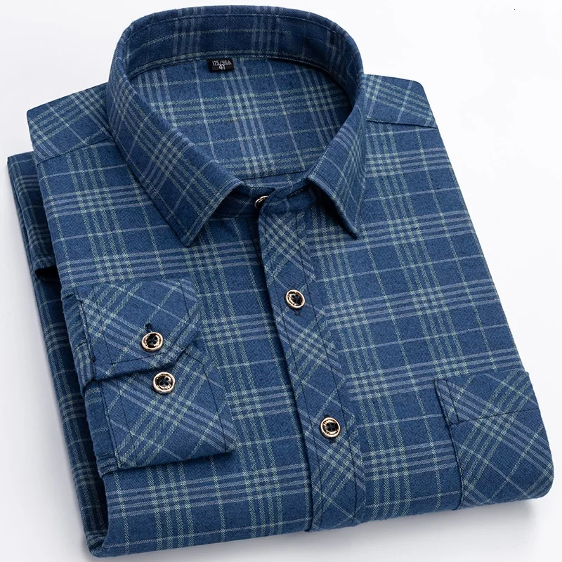M-6XL Men's Pure Cotton Flannel Shirts Long Sleeve Single Pocket Casual Plaid Thick Soft Cozy Brushed Shirts Blouse Men Clothing