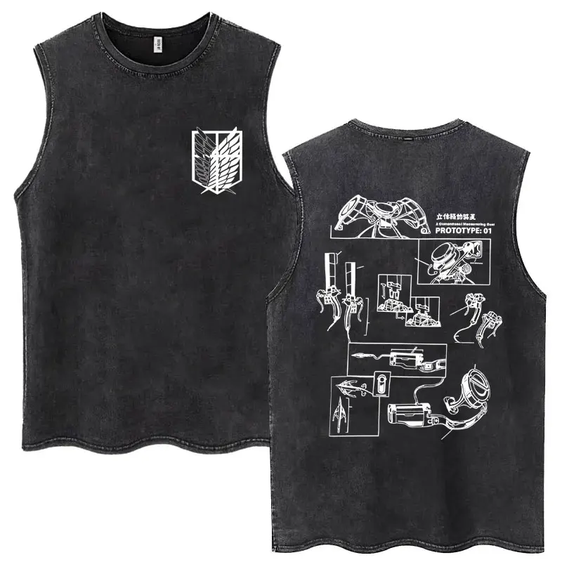 Anime Attack on Titan Eren Jaeger Graphic Vintage Washed Tank Tops Men Manga Oversized Sleeveless T Shirt Men's Fashion T-shirts