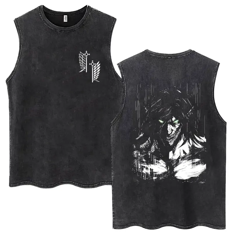 Anime Attack on Titan Eren Jaeger Graphic Vintage Washed Tank Tops Men Manga Oversized Sleeveless T Shirt Men's Fashion T-shirts
