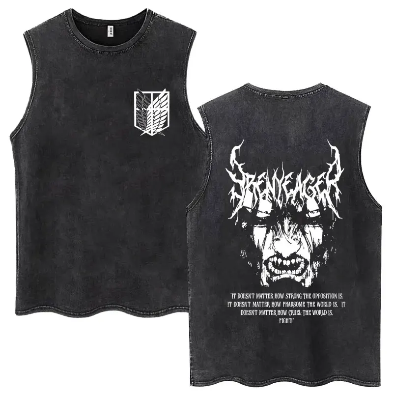 Anime Attack on Titan Eren Jaeger Graphic Vintage Washed Tank Tops Men Manga Oversized Sleeveless T Shirt Men's Fashion T-shirts
