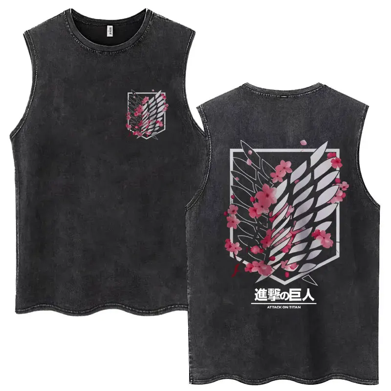 Anime Attack on Titan Eren Jaeger Graphic Vintage Washed Tank Tops Men Manga Oversized Sleeveless T Shirt Men's Fashion T-shirts