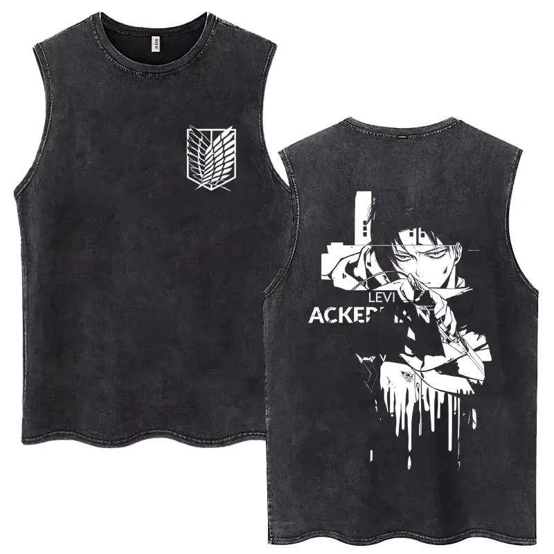 Anime Attack on Titan Eren Jaeger Graphic Vintage Washed Tank Tops Men Manga Oversized Sleeveless T Shirt Men's Fashion T-shirts