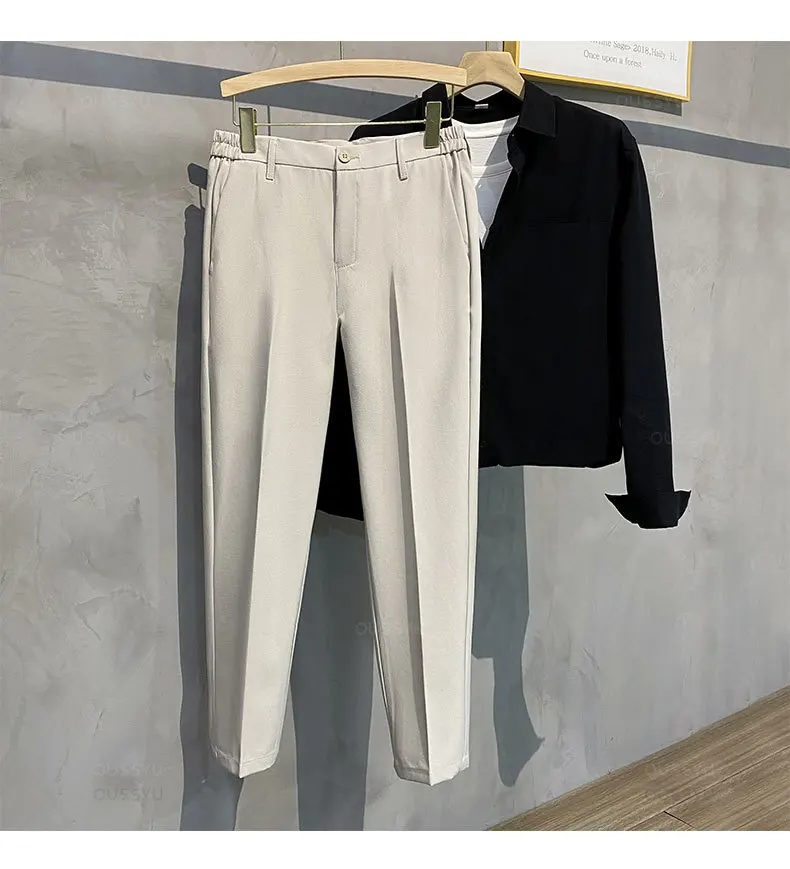 Spring Summer Men's Casual Pants Suit Pant Slim Fit Work Elastic Waist Jogging Business Trousers Male Black Plus Size 40 42