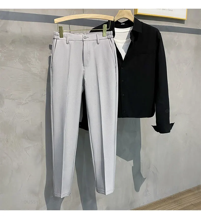 Spring Summer Men's Casual Pants Suit Pant Slim Fit Work Elastic Waist Jogging Business Trousers Male Black Plus Size 40 42