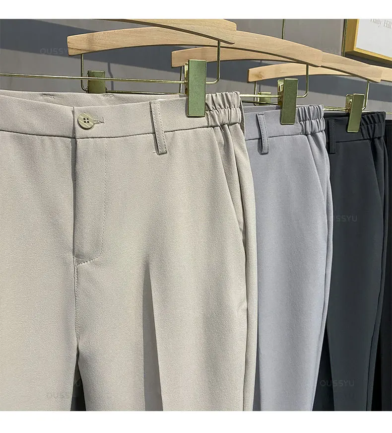 Spring Summer Men's Casual Pants Suit Pant Slim Fit Work Elastic Waist Jogging Business Trousers Male Black Plus Size 40 42