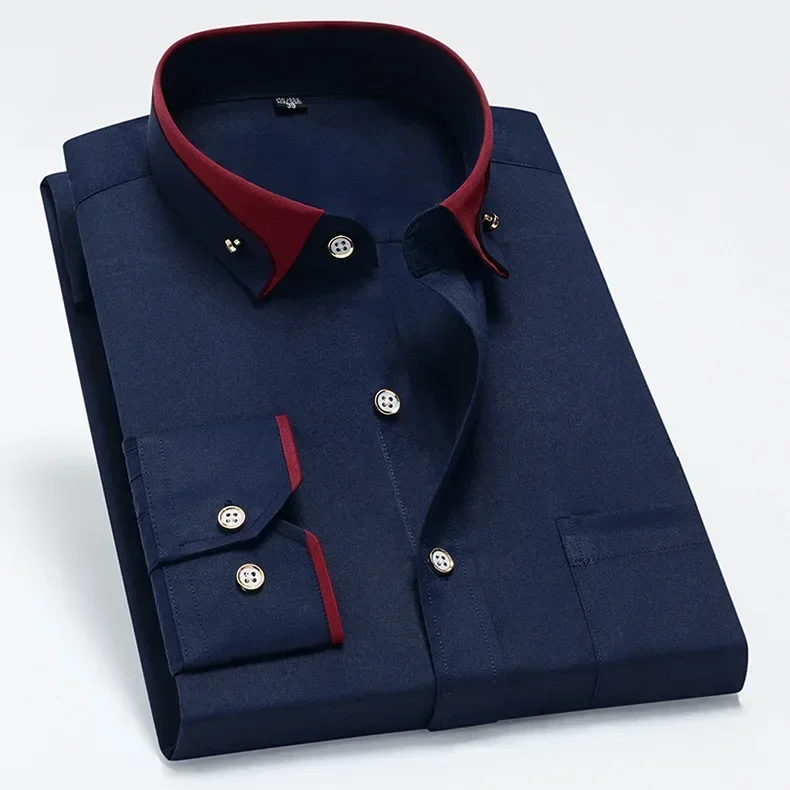 Spring and Autumn New Men's Contrasting Collar Elastic Long Sleeve Shirt Business Casual Comfort No-Iron Shirt Youth Solid Color