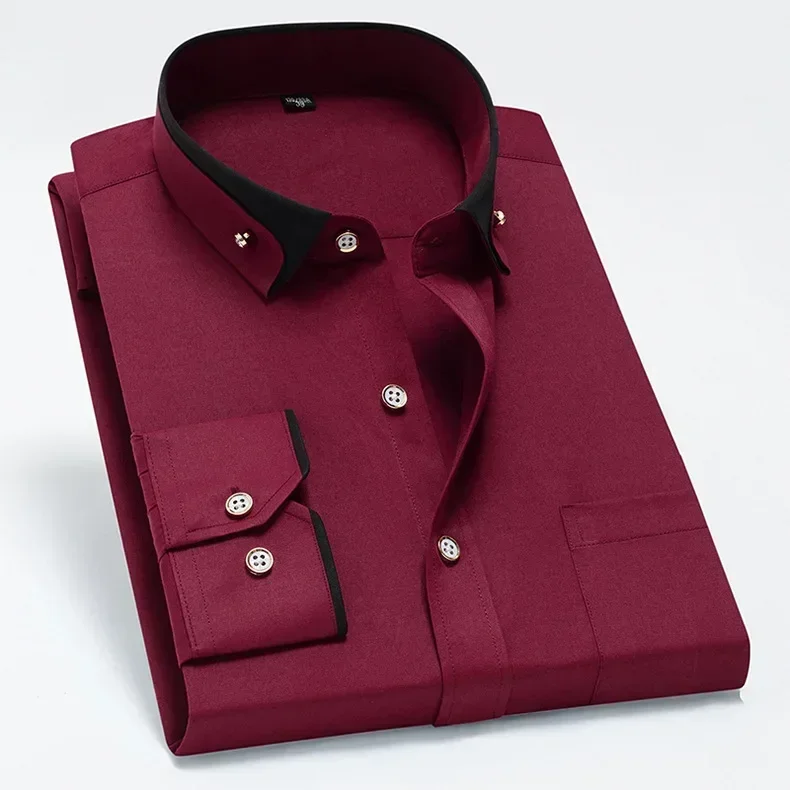 Spring and Autumn New Men's Contrasting Collar Elastic Long Sleeve Shirt Business Casual Comfort No-Iron Shirt Youth Solid Color