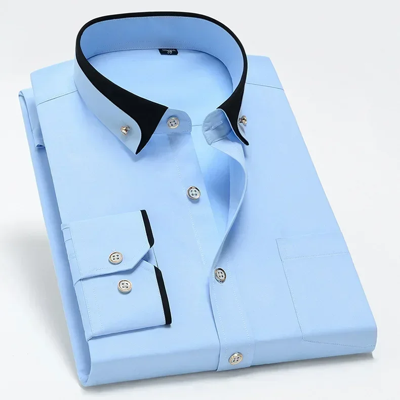 Spring and Autumn New Men's Contrasting Collar Elastic Long Sleeve Shirt Business Casual Comfort No-Iron Shirt Youth Solid Color