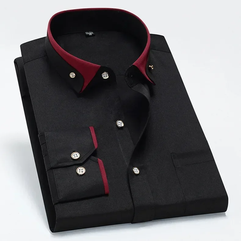 Spring and Autumn New Men's Contrasting Collar Elastic Long Sleeve Shirt Business Casual Comfort No-Iron Shirt Youth Solid Color