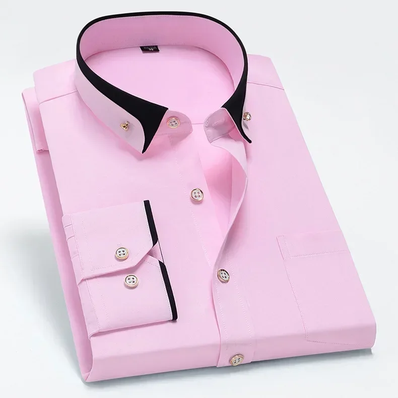 Spring and Autumn New Men's Contrasting Collar Elastic Long Sleeve Shirt Business Casual Comfort No-Iron Shirt Youth Solid Color