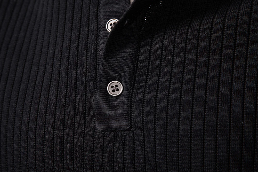 AIOPESON Button Placket Polo Shirt Men Ribbed Stripe Long Sleeve Contemporary Fit Minimalist Autumn Winter Premium Business Top