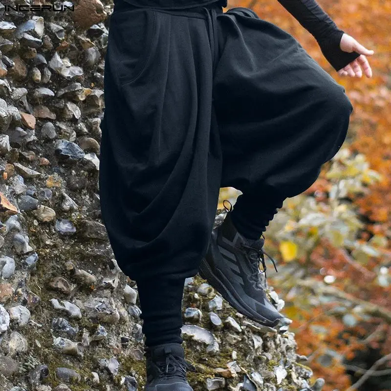 INCERUN Men Pants Solid Color Drawstring Joggers Casual Male Harem Pants Streetwear Loose Fashion Leisure Trousers Men S-5XL
