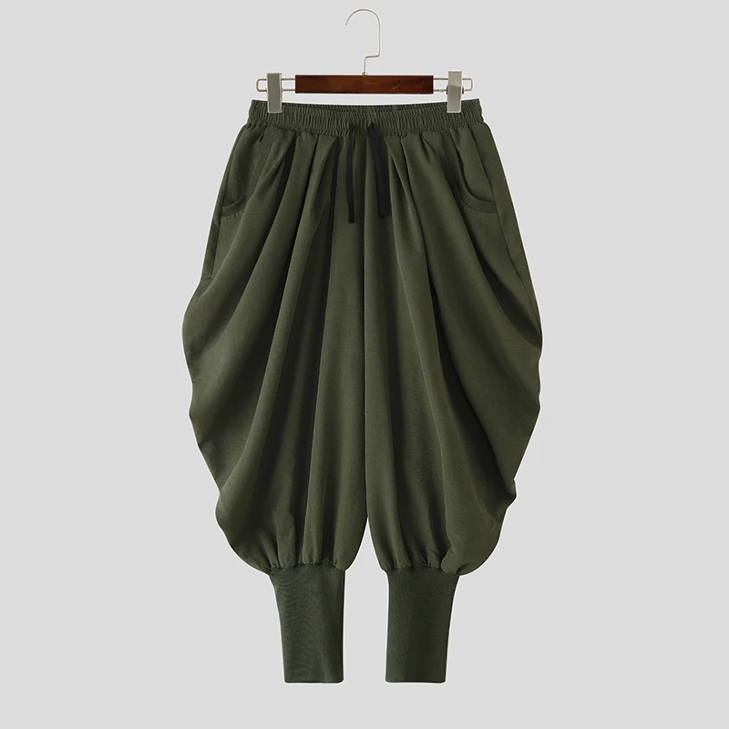 INCERUN Men Pants Solid Color Drawstring Joggers Casual Male Harem Pants Streetwear Loose Fashion Leisure Trousers Men S-5XL