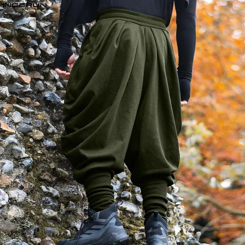 INCERUN Men Pants Solid Color Drawstring Joggers Casual Male Harem Pants Streetwear Loose Fashion Leisure Trousers Men S-5XL