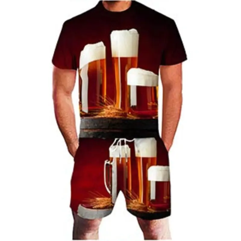 3D Beer Print Sport Moisture-Wicking Breathable Men T-Shirt Shorts Fun Cool Street Cosplay Casual Fashion Trend Pants Set Summer