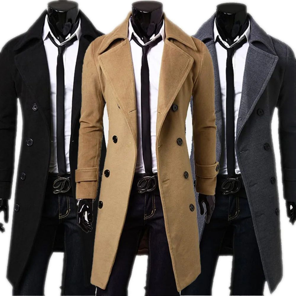 Mens Double Breasted Trench Coat Wool Blend 2025 Autumn Winter Solid Casual Slim Fit Long Jacket Wool Coat Fashion Mens Clothing