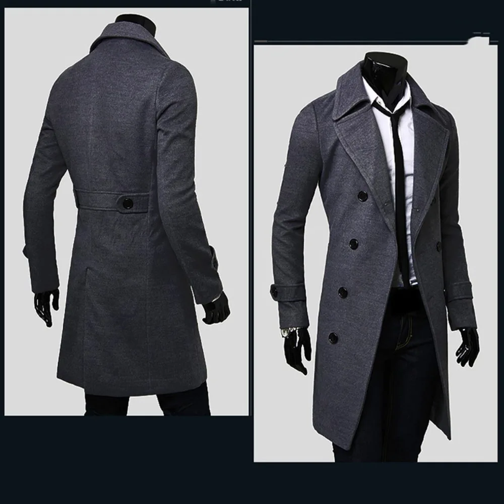 Mens Double Breasted Trench Coat Wool Blend 2025 Autumn Winter Solid Casual Slim Fit Long Jacket Wool Coat Fashion Mens Clothing