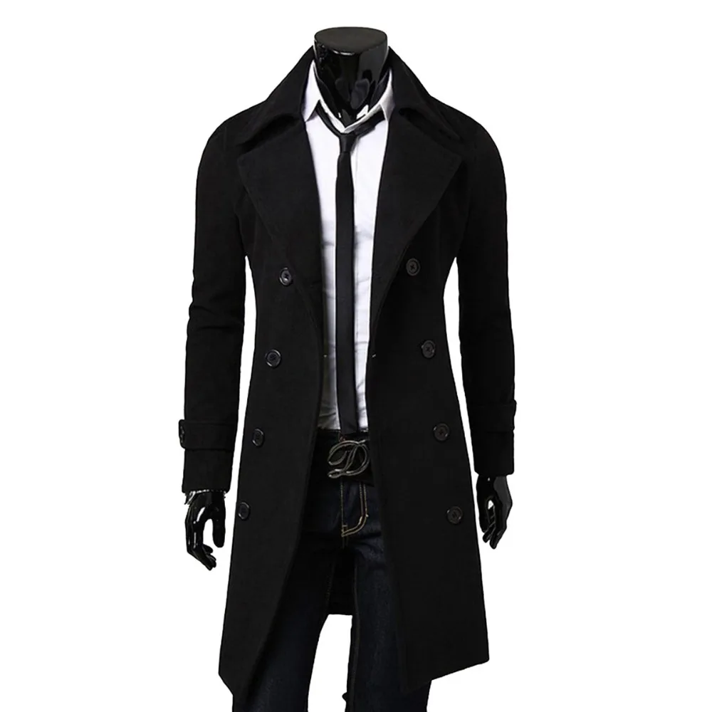 Mens Double Breasted Trench Coat Wool Blend 2025 Autumn Winter Solid Casual Slim Fit Long Jacket Wool Coat Fashion Mens Clothing