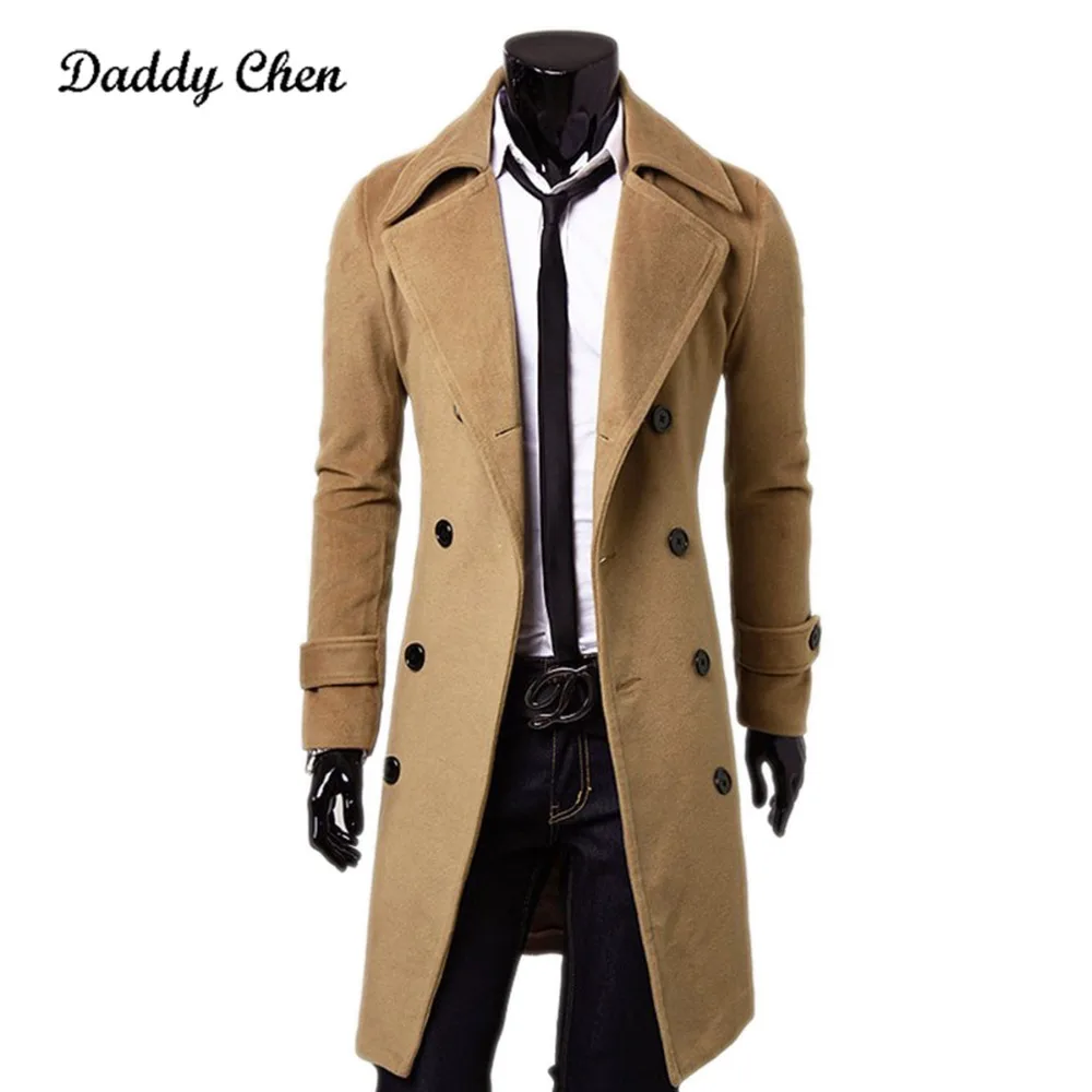 Mens Double Breasted Trench Coat Wool Blend 2025 Autumn Winter Solid Casual Slim Fit Long Jacket Wool Coat Fashion Mens Clothing