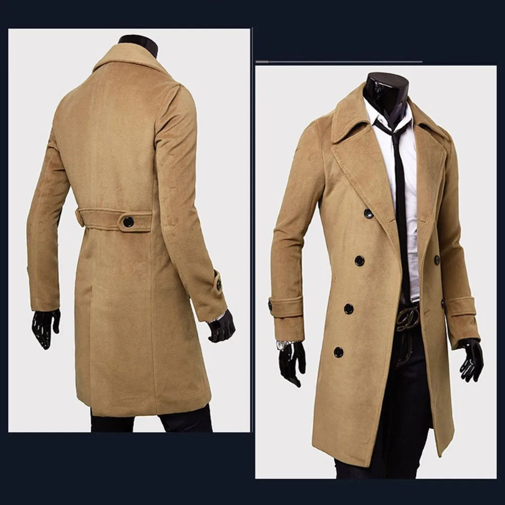 Mens Double Breasted Trench Coat Wool Blend 2025 Autumn Winter Solid Casual Slim Fit Long Jacket Wool Coat Fashion Mens Clothing