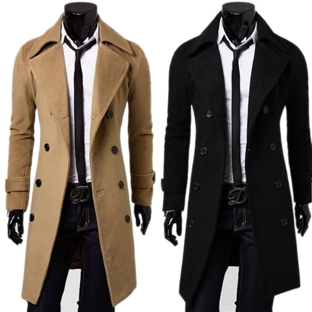Mens Double Breasted Trench Coat Wool Blend 2025 Autumn Winter Solid Casual Slim Fit Long Jacket Wool Coat Fashion Mens Clothing