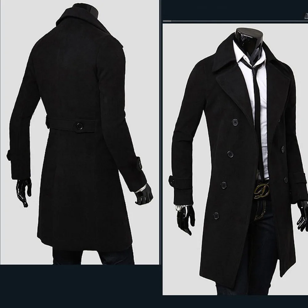 Mens Double Breasted Trench Coat Wool Blend 2025 Autumn Winter Solid Casual Slim Fit Long Jacket Wool Coat Fashion Mens Clothing