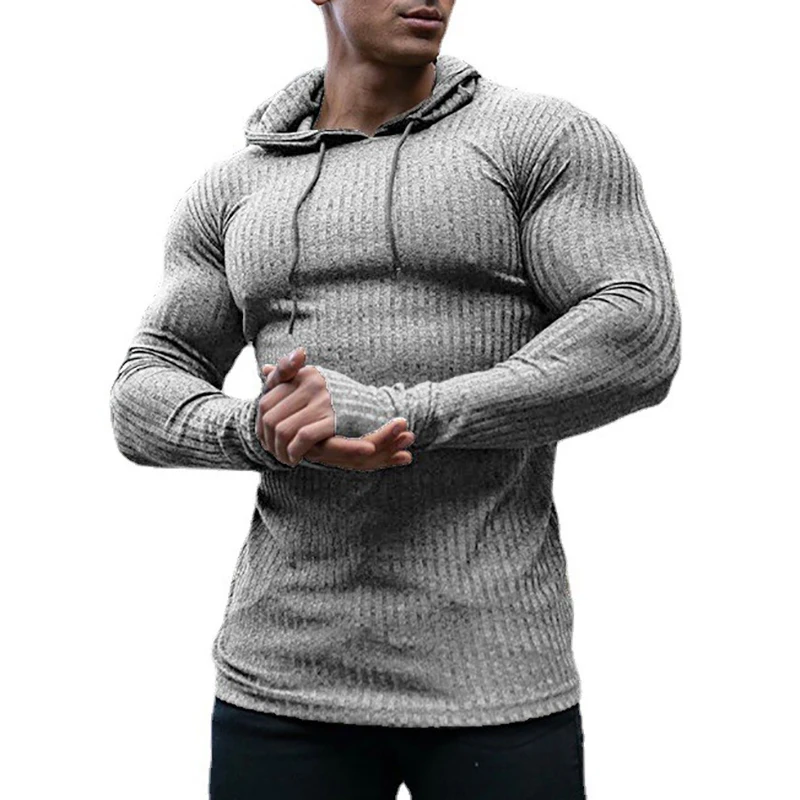 New Fashion Spring Autumn Hooded Sweaters Men Thin Knitted Gym Clothing Slim Fit Pullover Man Classic Ribbed Knit Hoodie Jumper