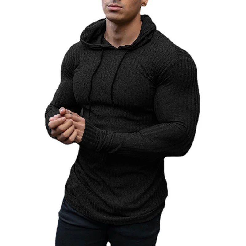 New Fashion Spring Autumn Hooded Sweaters Men Thin Knitted Gym Clothing Slim Fit Pullover Man Classic Ribbed Knit Hoodie Jumper
