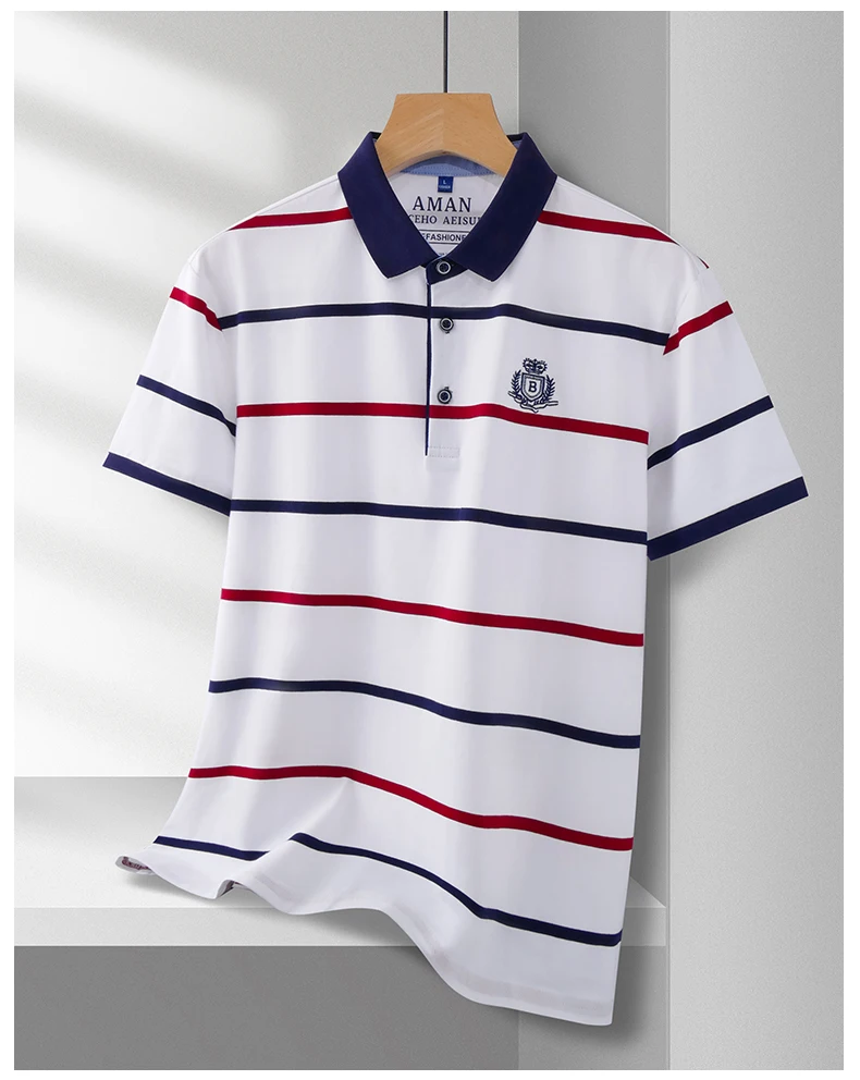 Fashion striped short sleeve men polo shirt summer trend brand letter embroidery design business casual breathable Paul T-shirt