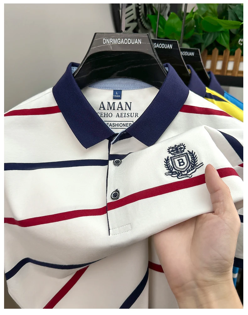 Fashion striped short sleeve men polo shirt summer trend brand letter embroidery design business casual breathable Paul T-shirt