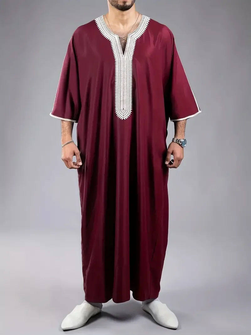Summer 2025 Kaftan Muslim Men's Short Sleeve Embroidered Loose Casual Robe Breathable Islamic Abaya for Men