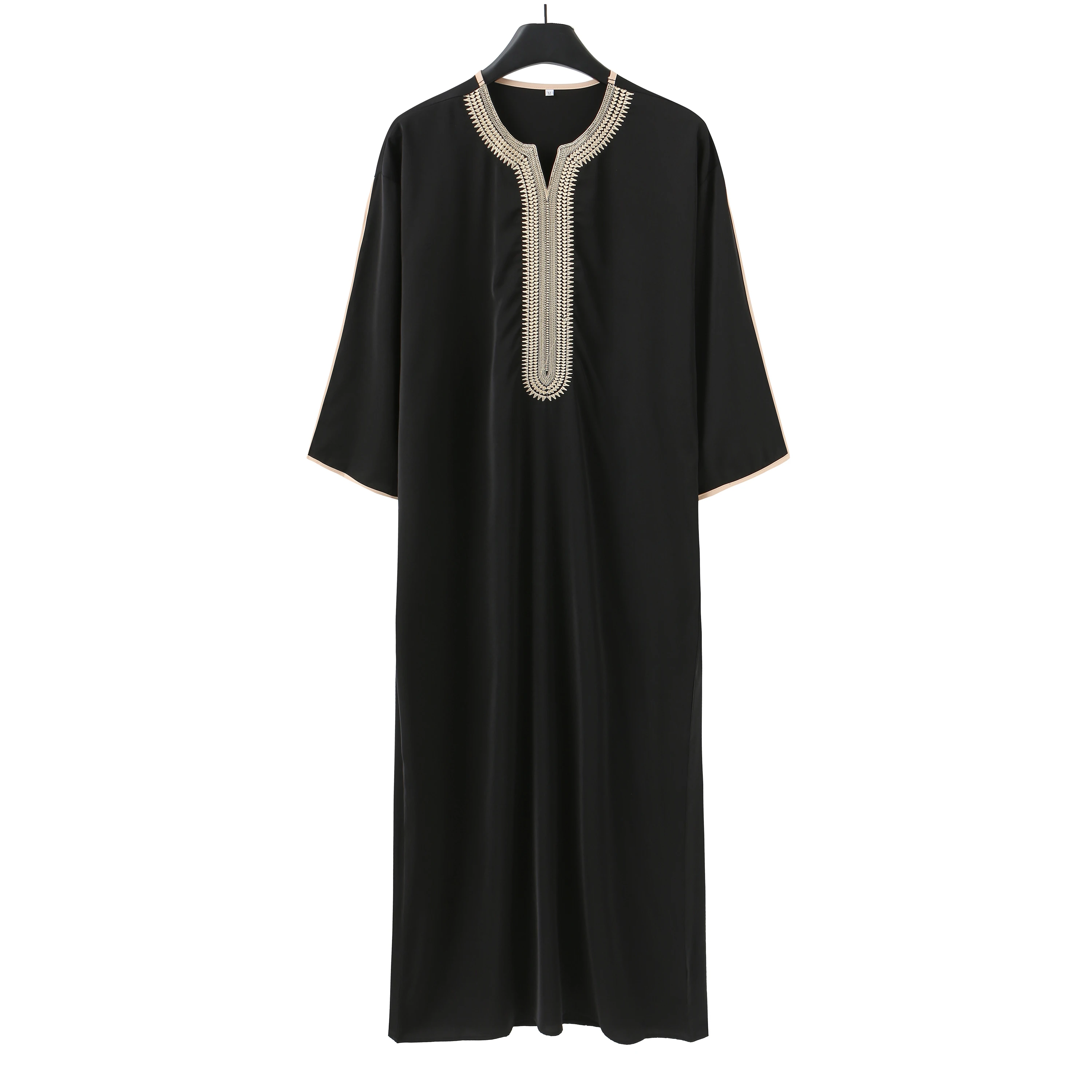 Summer 2025 Kaftan Muslim Men's Short Sleeve Embroidered Loose Casual Robe Breathable Islamic Abaya for Men