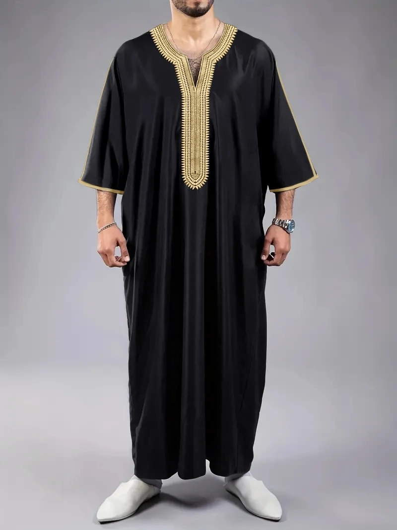 Summer 2025 Kaftan Muslim Men's Short Sleeve Embroidered Loose Casual Robe Breathable Islamic Abaya for Men