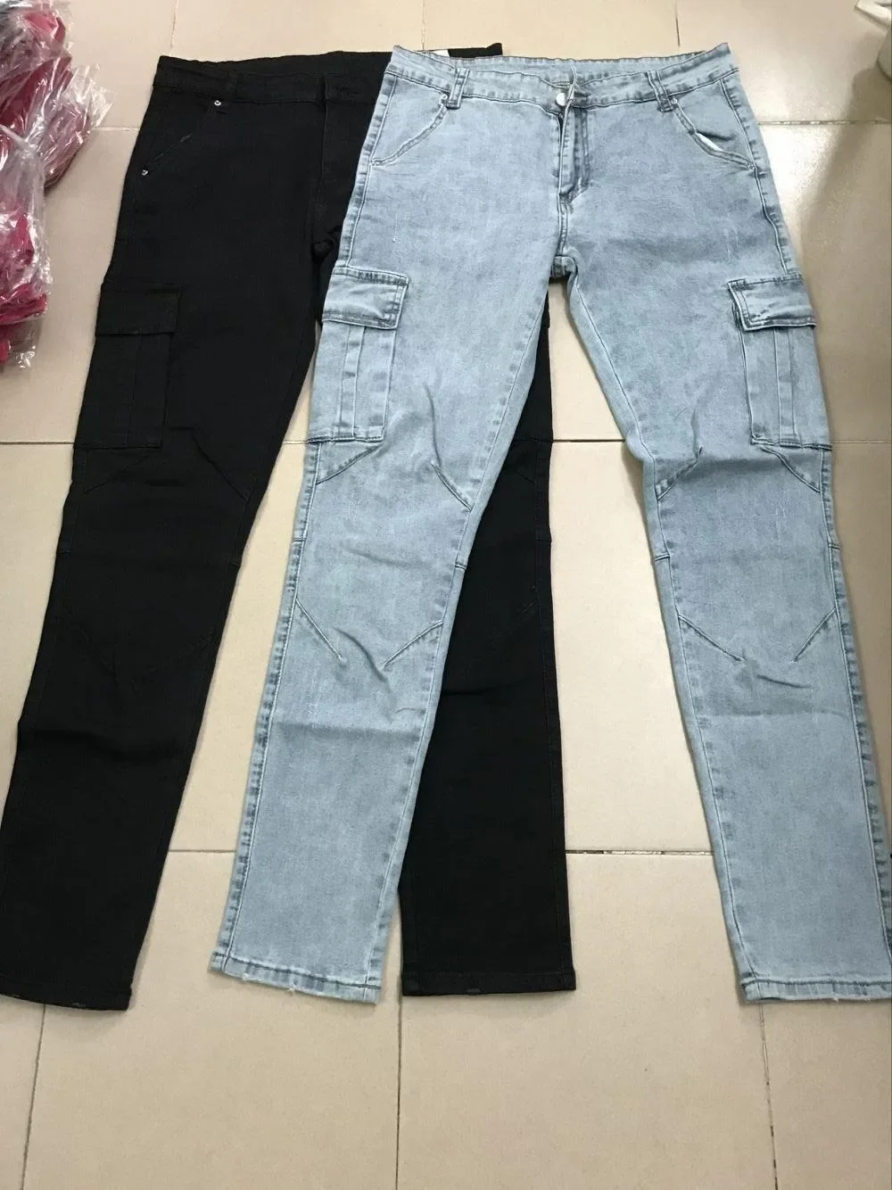 Men Street Elastic Denim Jeans Wash Solid Color Multi Pockets Cargo Pants Casual Slim Fit Daily Wear Joggers Mid Waist Trousers