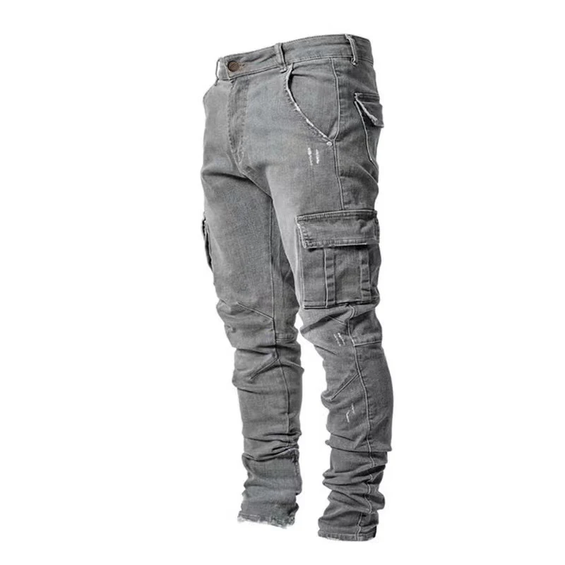 Men Street Elastic Denim Jeans Wash Solid Color Multi Pockets Cargo Pants Casual Slim Fit Daily Wear Joggers Mid Waist Trousers