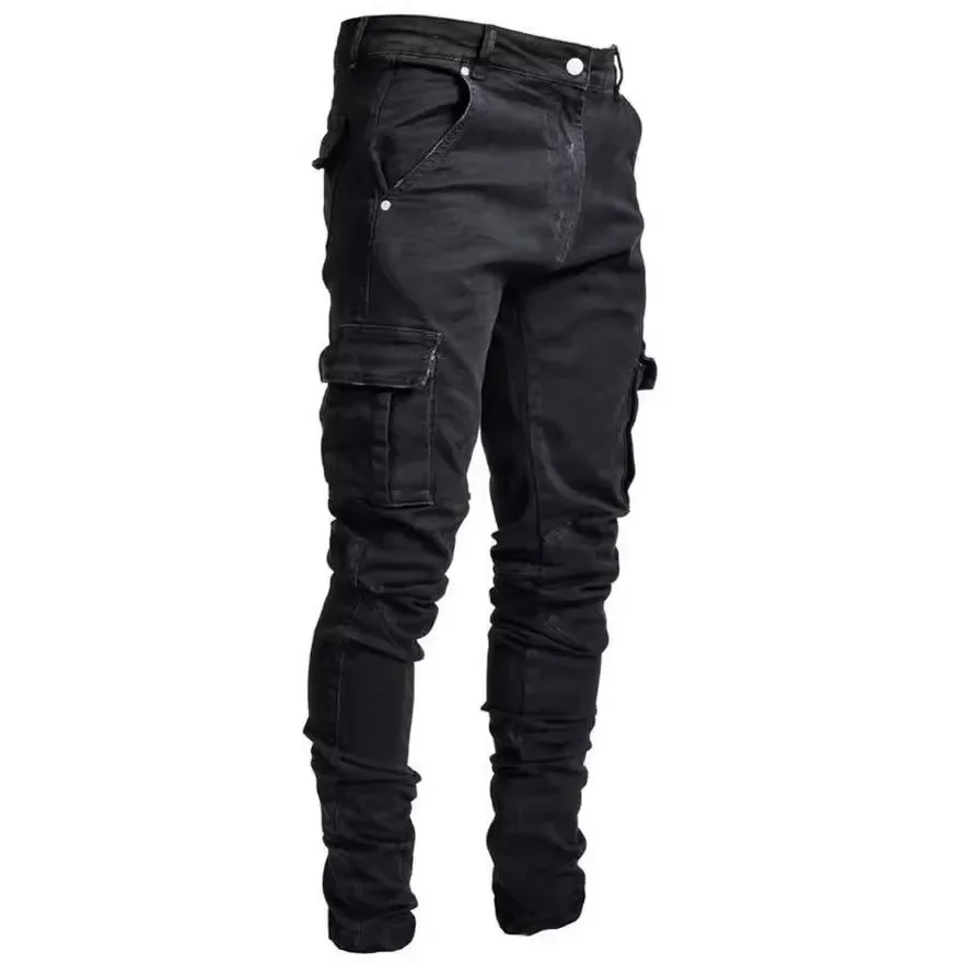 Men Street Elastic Denim Jeans Wash Solid Color Multi Pockets Cargo Pants Casual Slim Fit Daily Wear Joggers Mid Waist Trousers