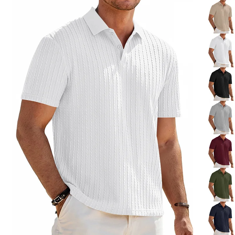 European and American Summer Men's Casual Loose Knit Jacquard In-Stock Buttoned Short-Sleeve Polo Shirt for Men