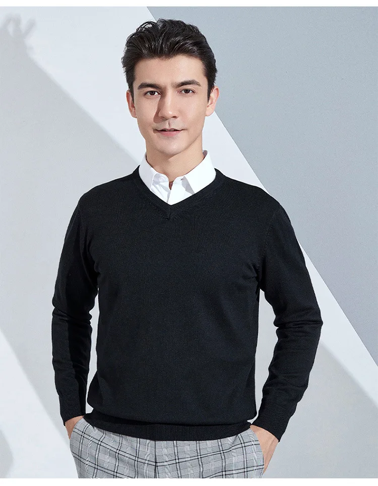 Cashmere Cotton Blend Classic V-neck Knitted Sweater Men Pullover 2024 Autumn Winter Soft Warm Business Casual Jumper Pull Homme