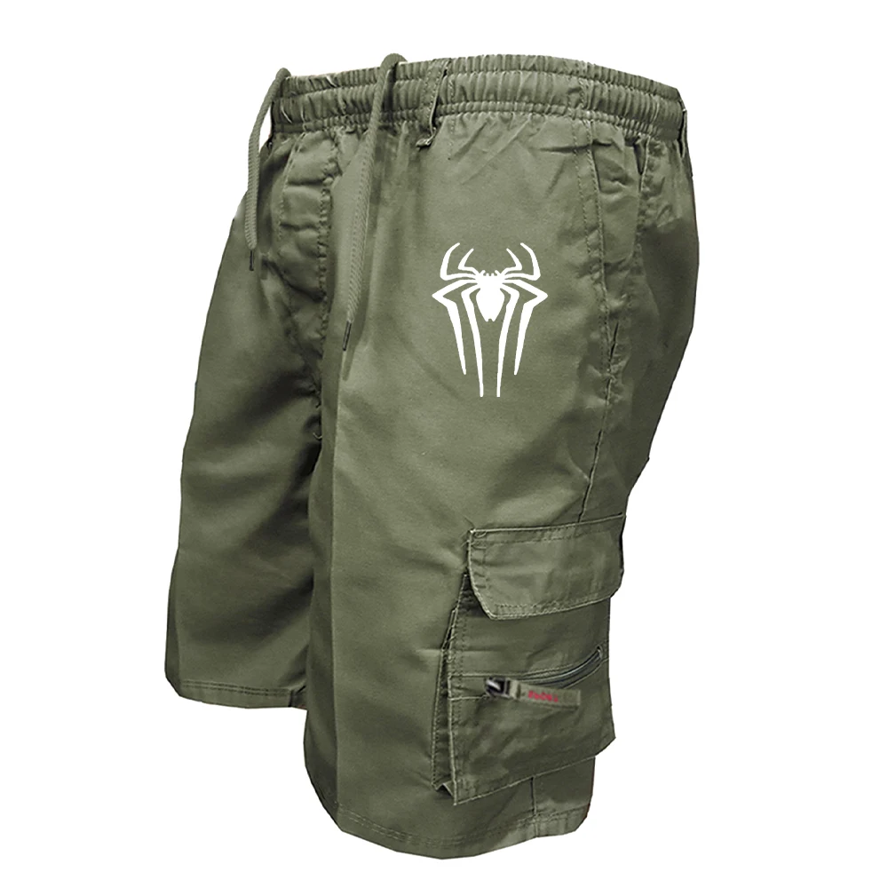 Men's Spider Print Cargo Shorts Male Outdoor Overalls Elastic Waist Cycling Shorts Multi-pockets Loose Work Beach Sports Shorts