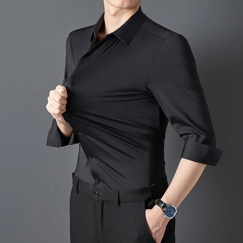 High Elastic Seamless Shirts Men Long Sleeve Muscle Sports Shirt European Size No Ironing Business Professional Workwear Causal