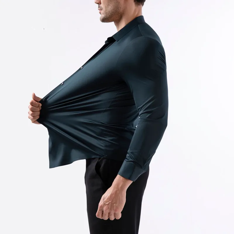 High Elastic Seamless Shirts Men Long Sleeve Muscle Sports Shirt European Size No Ironing Business Professional Workwear Causal