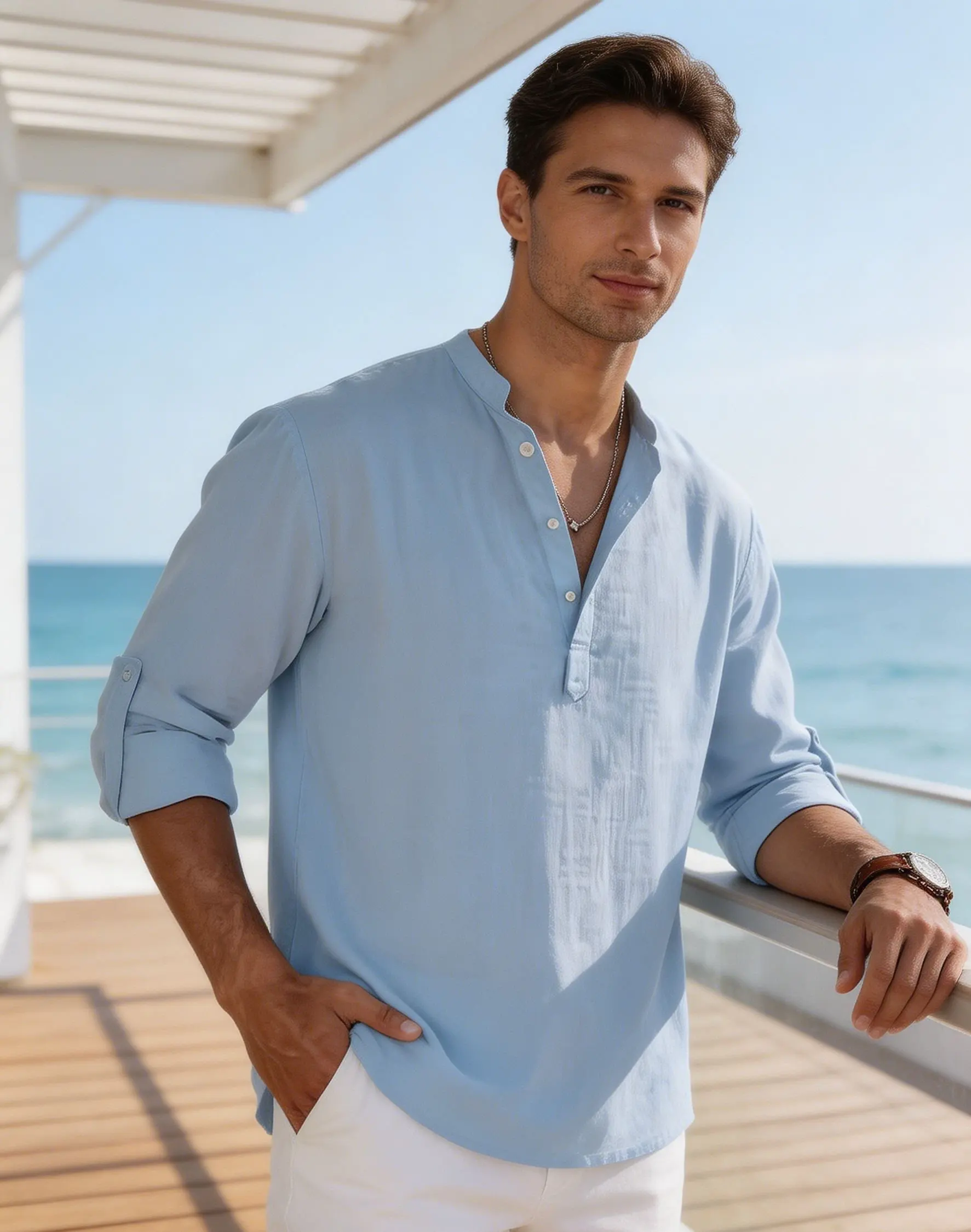 Men's Cotton Linen Henley Shirt Casual Long Sleeve Loose Fit Basic Thin Summer Tops Blouse