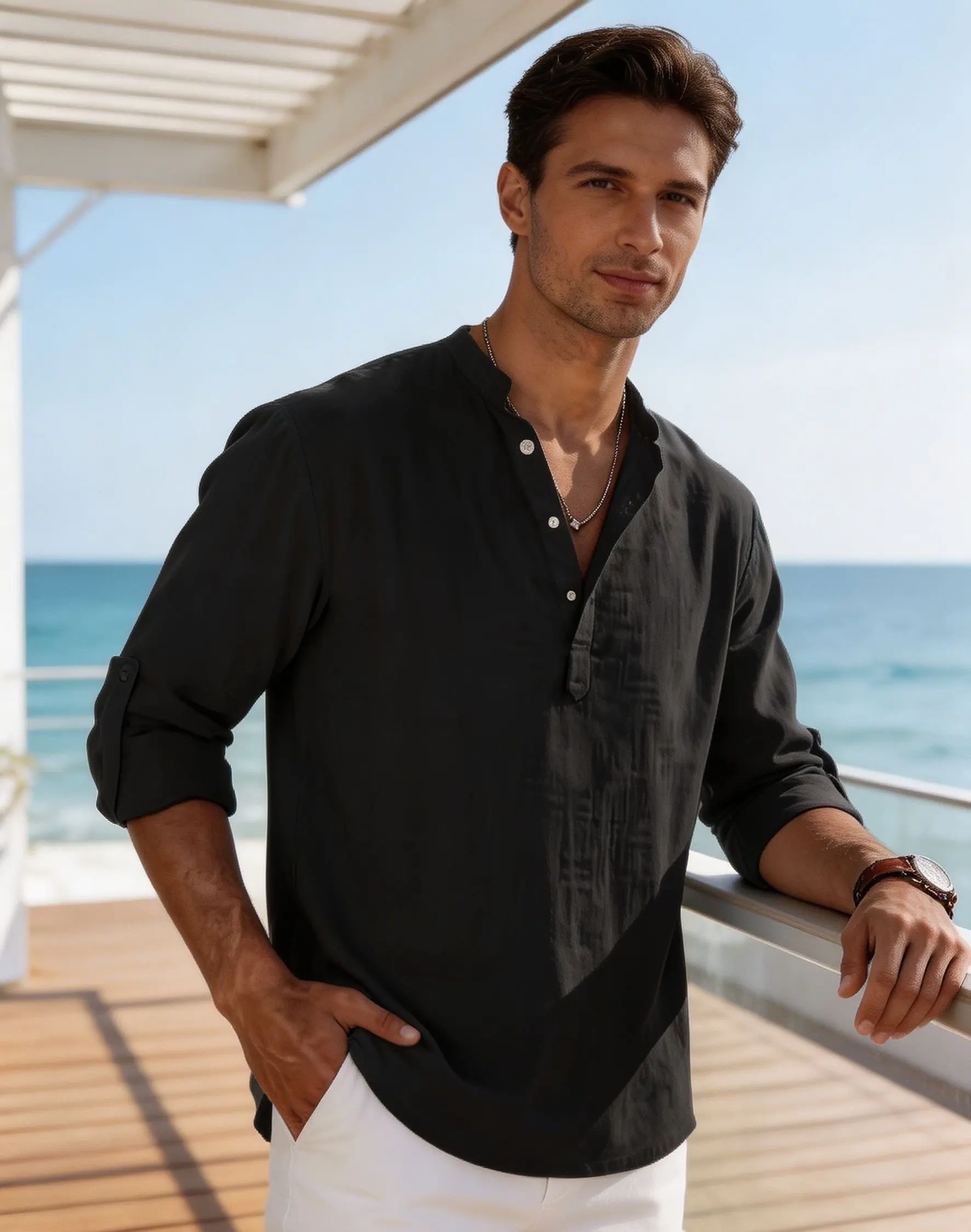 Men's Cotton Linen Henley Shirt Casual Long Sleeve Loose Fit Basic Thin Summer Tops Blouse