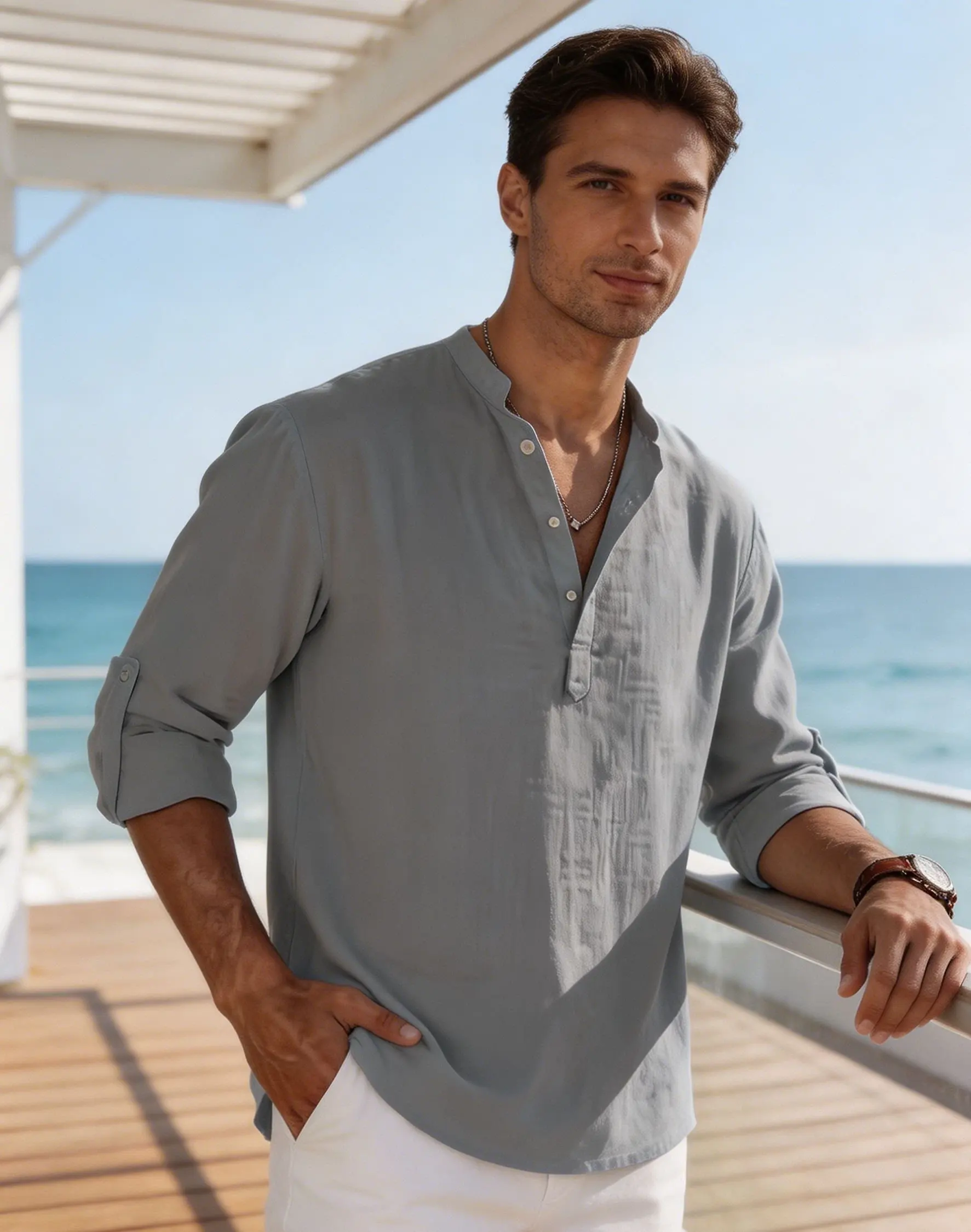 Men's Cotton Linen Henley Shirt Casual Long Sleeve Loose Fit Basic Thin Summer Tops Blouse