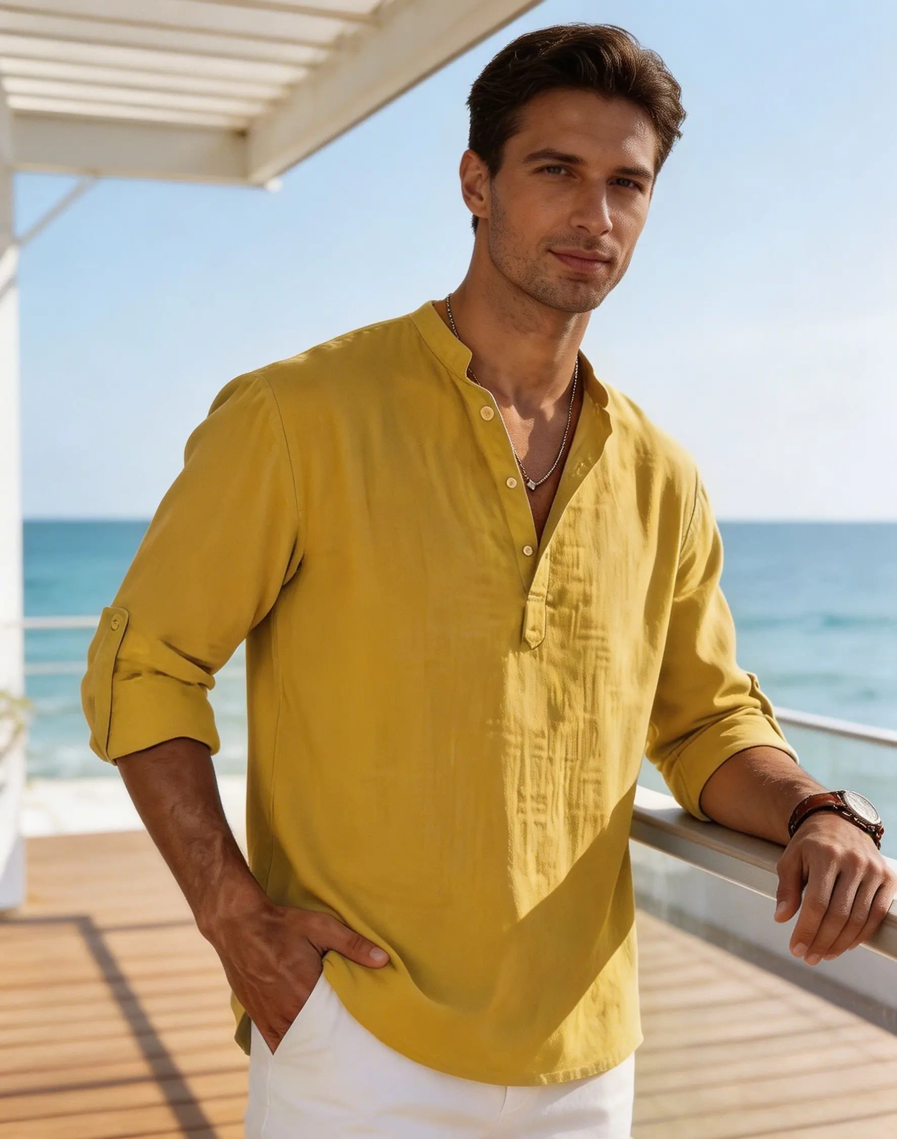 Men's Cotton Linen Henley Shirt Casual Long Sleeve Loose Fit Basic Thin Summer Tops Blouse
